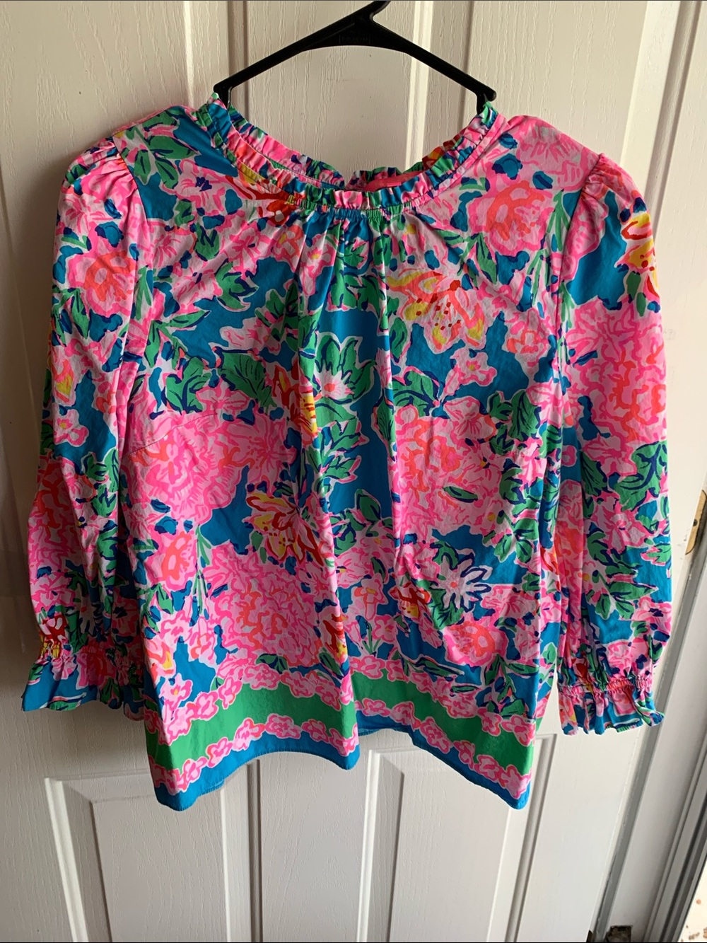 Lilly Pulitzer Pink, Teal & Green Ruffled Off-Shoulder Top